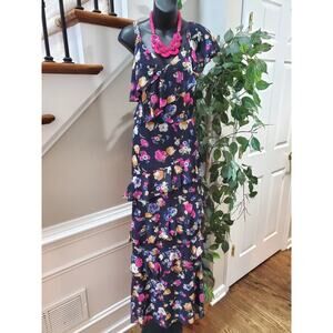 Ralph Lauren Navy Zipper Beaded Lined Darted Tiered Ruffled Floral Maxi Dress 10